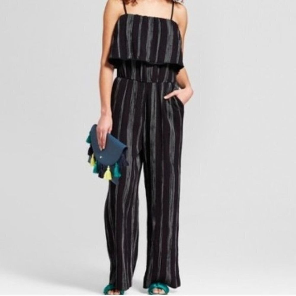 A New Day Striped Jumpsuit Sz L Sleeveless Pockets Gauzy Beachy Cotton Black Wht
